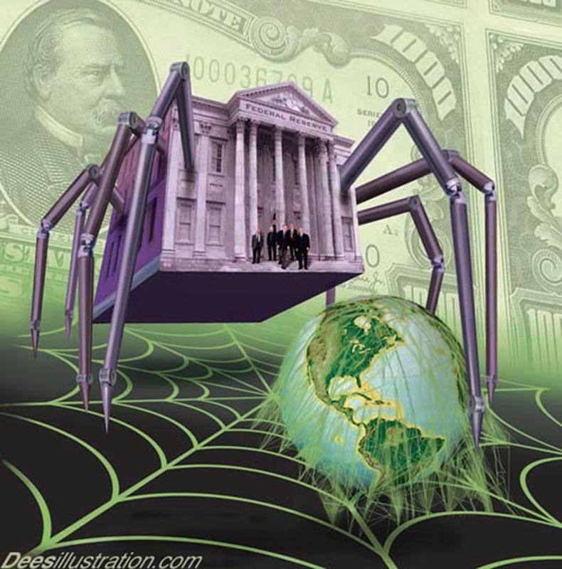 ID: the u.s. Federal Reserve is depicted like a purple tinted mechanical spider who has entrapped the earth in its green web.  In the background is a $1000 bill.